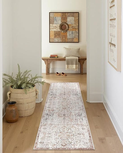 jinchan Runner Rug 2x6 Washable Hallway Rug Vintage Indoor Thin Retro Floor Cover Distressed Floral Country Lightweight Non Slip Carpet for Entryway Bathroom Kitchen Bedroom Living Room Red