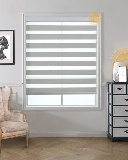 Motorized Blinds with Remote, Cordless Automatic Zebra Shades, Smart Blind for Windows, Grey, 27 x 72