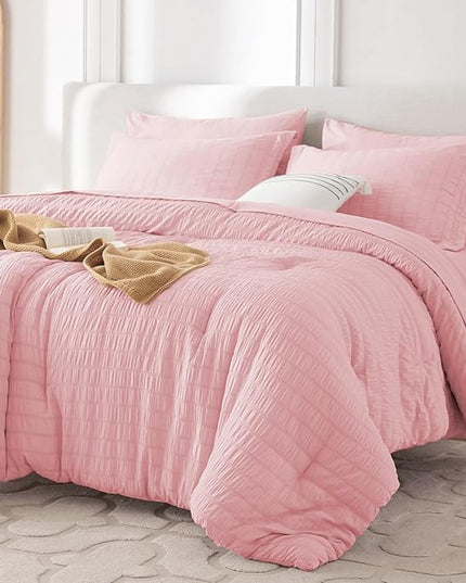 MUXHOMO 7 Pieces Queen Comforter Set, Seersucker Bed in a Bag Queen Size, All Season Luxury Bedding Set with Comforter, Flat Sheet, Fitted Sheet, Pillowcases & Shams, Pink