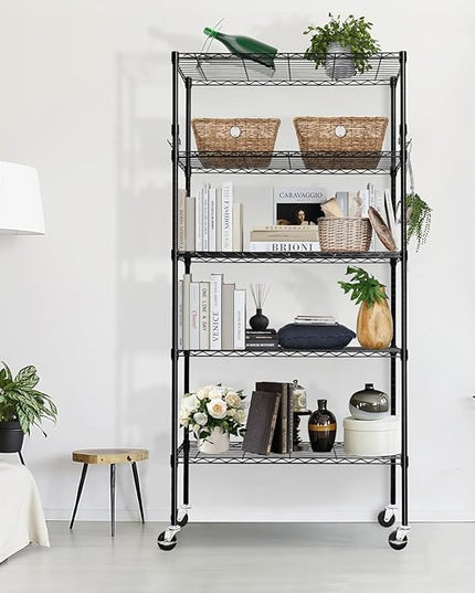 Storage Shelves 75"H Wire Shelving Unit with Wheels 1750LBS Heavy Duty Metal Shelves for Storage Adjustable 5-Tier Garage Storage Rack Kitchen Pantry Shelves Rolling Shelf on Casters, 14"D x36"W x75"H