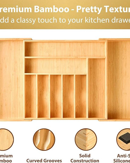 Umilife Extra Large Expandable Kitchen Siverware Utensils Drawer Organizer, 19" Deep for Big Drawer, Adjustable Bamboo Wood Drawer Divider with Curved Grooves, Cutlery Tray Flatware Holder