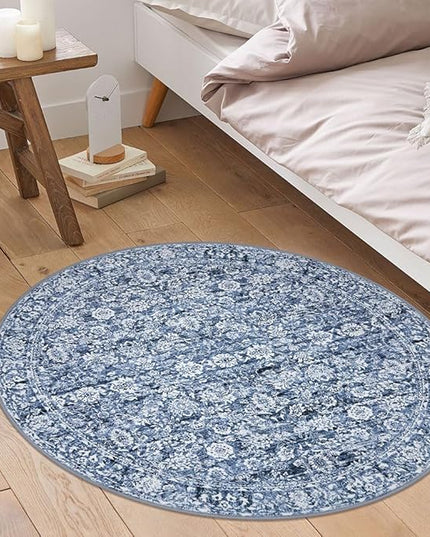 3' Round Rug Washable Rug for Entryway Soft Non-Slip Blue Area Rugs Distressed Floral Low-Pile Carpet, Neutral Vintage Circle Rugs for Living Room Dining Bedroom Foyer