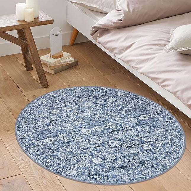 3' Round Rug Washable Rug for Entryway Soft Non-Slip Blue Area Rugs Distressed Floral Low-Pile Carpet, Neutral Vintage Circle Rugs for Living Room Dining Bedroom Foyer