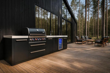 Mont Alpi MAi805-BSSBEVXL 6-Burner 157" Premium Black Stainless Steel Outdoor Kitchen Island BBQ Gas Grill + Beverage Center Sink & Faucet + Refrigerator + Granite Countertops + Cover + Rotisserie Kit