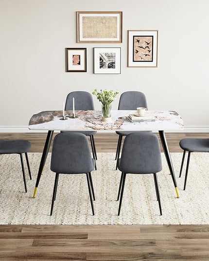 7 Piece Dining Table Set, Dinner Table Set for 6, Sintered Stone Kitchen Table Top and Modern Chairs Set of 6 for Kitchen Dining Room