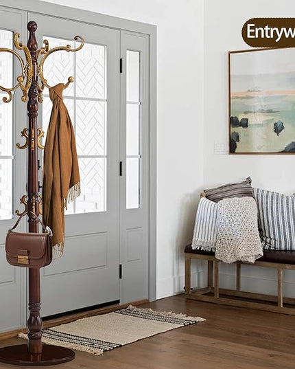 Coat Rack Freestanding, Wooden Coat Tree with Stable Round Base, Vintage Heavy Duty Coat Rack Stand with 14 Hooks, Coat Hanger Stand for Bedroom, Office, Entryway (Vintage)