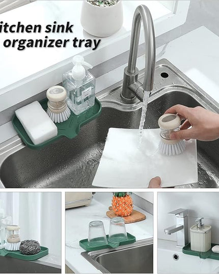 Silicone Bathroom Soap Dishes with Drain Spout-Bathroom and Kitchen Sink Organizer,Sponge Holder,Dish Soap Tray,Perfect for Dispenser,Scrubber,Bottle,Cup on Sink or Counter-Green 9.6"×5.3"