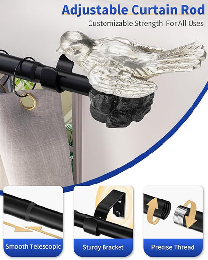 Vintage Pewter Curtain Rod 18 to 45 Inches Curtain Rods for Windows Adjustable Heavy Duty Drapery Rod with Bird Finials for Kitchen Window Living Room