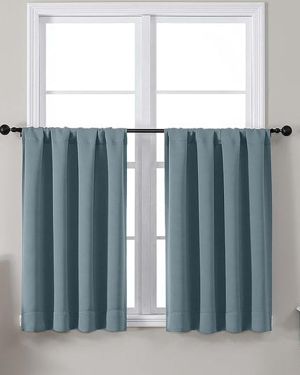 Gwine Short Blackout Curtains 36 Inches Long, Small Curtains Over Sink, Thermal Insulated Room Darkening Drapes for Bathroom Basement Patio Cabinet, 2 PCS, Each 40" Wx36 L, Stone Blue