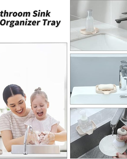 Silicone Bathroom Soap Dishes with Drain Spout-Bathroom and Kitchen Sink Organizer,Sponge Holder,Dish Soap Tray,Perfect for Dispenser,Scrubber,Bottle,Cup on Sink or Counter-Tapioca 4.9"×3.2"