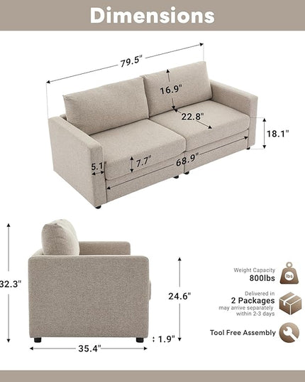 Tbfit Sectional Couch Loveseat, 79" Modern Comfy Sofa with Deep Seat, Removable Cover & Reversible Cushion, Khaki