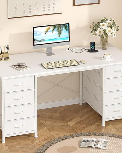 50 Inch White Computer Desk with 8 Drawers, Home Office Desk with Power Outlets, Work Study Gaming Desk with 8 Fabric Drawers, White