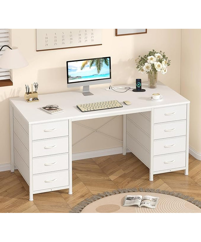 50 Inch White Computer Desk with 8 Drawers, Home Office Desk with Power Outlets, Work Study Gaming Desk with 8 Fabric Drawers, White