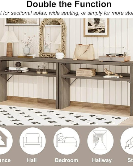 BON AUGURE Sofa Console Table, Wood Entryway Table, Grey Behind Couch Tables with Open Storage, Modern Narrow Hallway Tables (Greige Oak, 47 Inches)