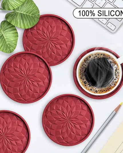 ME.FAN Silicone Coasters with Holder,[6 Pack] Drinking Coasters - Cup Mat for Hot or Cold Drinks, Thickened, Non-Slip, Non-stick,Deep Tray Wine Red