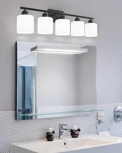 5-Light Black Bathroom Vanity Light, Black Vanity Light with Milky White Frosted Glass Shades, Modern Vanity Light Fixture for Bathroom Mirror, Bedroom, Living Room, Hallway, Vanity Table, E26 Base