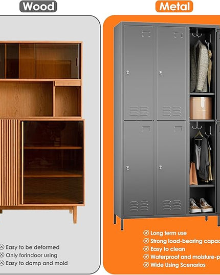 Aobabo Metal Locker for Employees, 6 Doors Metal Locker Cabinet with Lock, Industrial Storage with 18 Hooks, Storage for Office, Gym, Dormitory, Assembly Required, Dark Grey