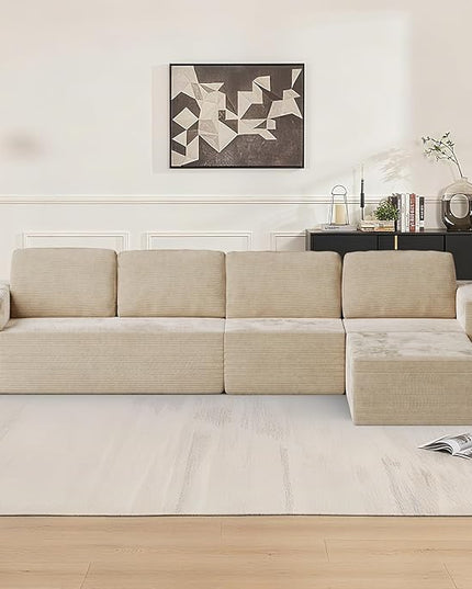 136" Cloud Sectional Couch, Left/Right Facing Convertible Sofa with Deep Seat, L-Shape Modular Upholstered Foam Couch for Living Room Bedroom, No Assembly Required (Corduroy Fabric, Beige)
