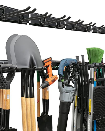 TIDYME Garage Tool Organizer Wall Mount - 64 inches - Sturdy Storage Rack with Adjustable Hooks, Anti-Rust - Easy Installation, 400lbs Capacity - Garden Tool Organizer (04 Racks & 08 Hooks)