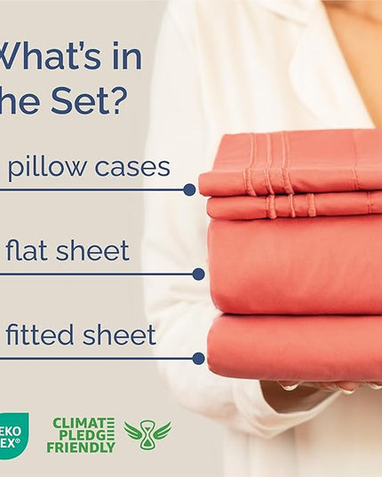 King Size 4 Piece Sheet Set - Comfy Breathable & Cooling Bed Sheets Set - Hotel Luxury Bedding for Women, Men, Kids, Teens, Boys & Girls - Deep Pockets, Ultra-Soft and Wrinkle Free - Oeko-Tex - Coral