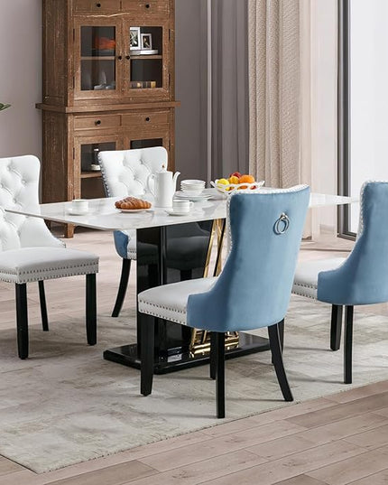 SoarFlash Leather Dining Chairs Set of 6, Tall Back Side Chair, Modern Upholstered Side Chair with Button Back Ring, Solid Wood Legs (White&Blue)