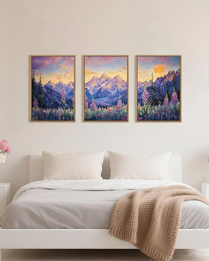 HOURIA Vintage Purple Mountain Landscape Framed Canvas Wall Art Set,Watercolor Boho Floral Tree Wall Decor,Modern Natural Soft Sunlight Field Artwork for Living Room, Bedroom,Farmhouse-16 x24 x3