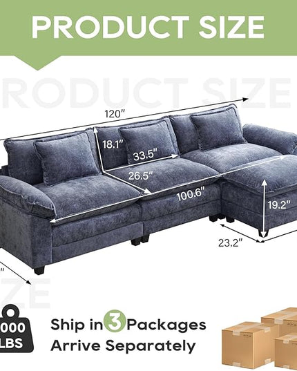 120" Modular Sectional Sofa, Comfy Cloud Couch Sectional Sofa with Ottoman, Chenille Sofa Sleeper Deep Seat Sofa with Throw Pillows for Living Room (Blue, 120"- L Shape)