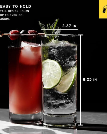 LEMONSODA Premium Highball Glass Set - Elegant Tom Collins Glasses Set of 6-12oz Tall Drinking Water Glasses - Bar Glassware for Mojito, Whiskey, Cocktail
