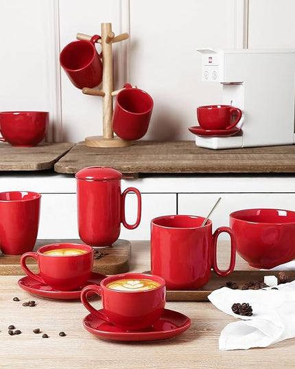 vicrays Ceramic Coffee Mug Set - 18 Ounce Large Stoneware Mug for Men Women - Unique Glazed Porcelain Mugs with Handle for Coffee Latte Tea Milk Cocoa - Set of 4 (Red)