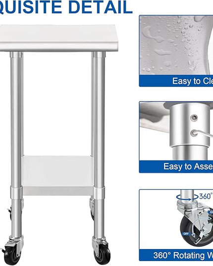 HARDURA Stainless Steel Commercial Table Prep & Work Table with Casters Heavy Duty Metal Table with Wheels NSF 430 24×24 Inches