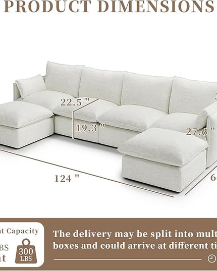 Waterproof Cloud Sectional Couches for Living Room,High Backrest Down Filled Couch,6 Seater Oversized Modular U-Shaped Sofas with Chaise,Detachable Sofa Covers,Cream White
