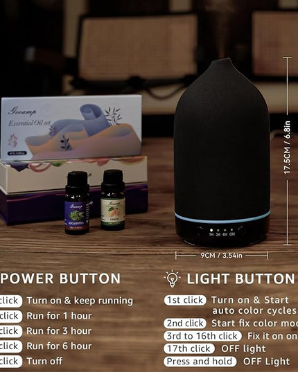 200ML Ceramic Essential Oil Diffuser - Ultrasonic Aromatherapy & Humidifier with 7-Color LED Lights, Auto Shut-Off, Black, 1H/3H/6H Timer | Scent for Home, Office, Yoga