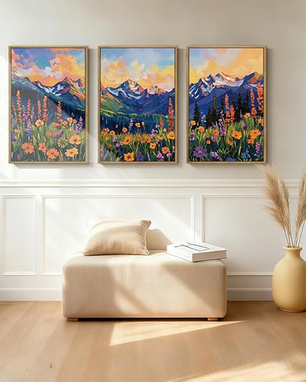 ANHUIB Colorful Wildflower Wall Art Boho Mountain Wall Decor Nature Floral Art Print 16x24 Inch Set of 3 for Living Room Bedroom Dining Room