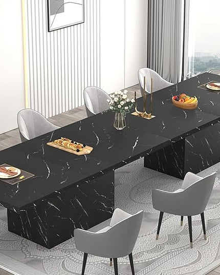 HSH 71” Black Dining Table for 6-8, Rectangle Modern Faux Marble Dinner Table, Large Dining Room Table for Kitchen Living Room, Industrial Wood Kitchen Table only with Sturdy Base, Black, 71 Inch