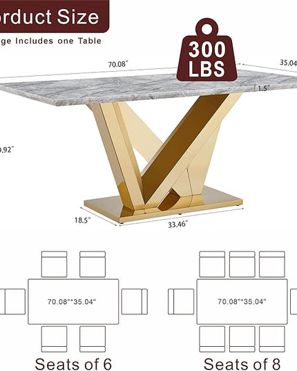70 Inch Modern Rectangular Dining Table for 6, Faux Marble Top with Mirrored Stainless Steel Base, Large Kitchen Table for Dining Room, Living Room, Office, Conference, (Table Only) (Gold + Grey)