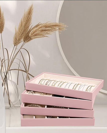 LANDICI Stackable Jewelry Organizer Trays 4 Set,PU Leather Jewelry Organizer Drawer,Jewelry Storage Display Tray for Earring Necklace Rings Bracelet with Removable Dividers,Rose Gold
