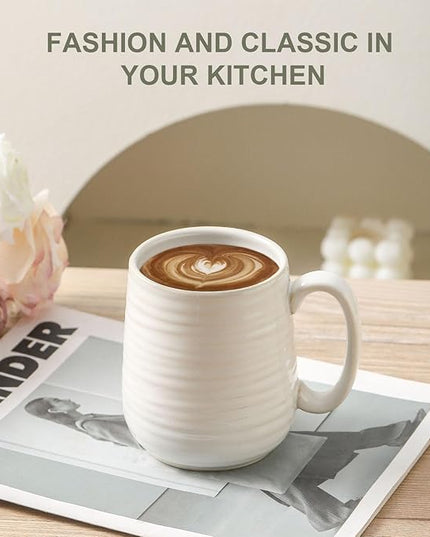 HASENSE Coffee Mugs, 12 Ounce Ceramic Coffee Cups Set of 4, Latte Mug with Handle for Milk, Cocoa, Cappuccino, Tea Cup for Wedding Gift, Dishwasher Microwave Safe, Clay-Infused White