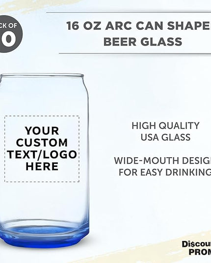Custom Beer Can Glasses Set of 10, 16 oz. Pint Sized, Promotional Text, Logo, Soda Can Shape, Glassware, Blue