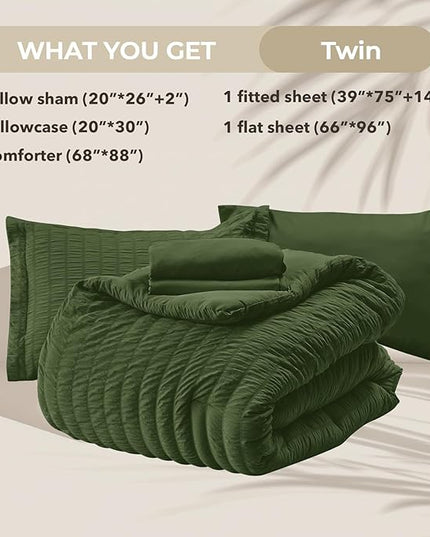 HYMOKEGE Olive Green Twin Comforter Set Seersucker 5 Pieces, All Season Luxury Bed in a Bag for Bedroom, Bedding Set with Comforter, Sheets, Pillowcase & Sham