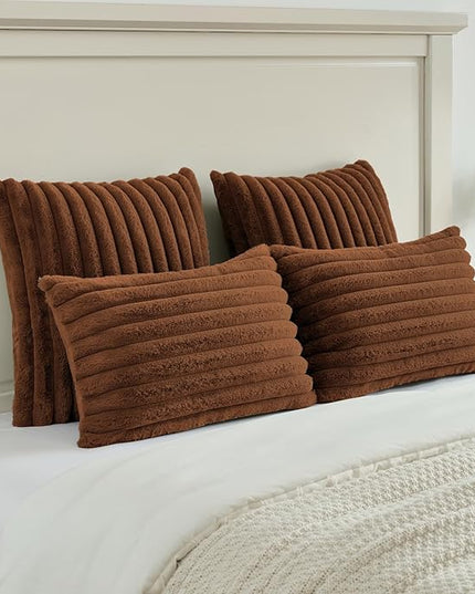 FUTEI Rust Throw Pillow Covers Set of 2, 16x16 Inch Striped Texture Cushion Cases with Soft Faux Rabbit Fur Front & Velvet Back, Modern Decorative Couch Pillows for Living Room