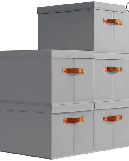 Storage Bins with Lids - Large Fabric Closet Bins with Lid, 5 Pack Clothes Organizers and Storage, Collapsible Stackable Cube Basket for Home, Office, Dorm, Grey