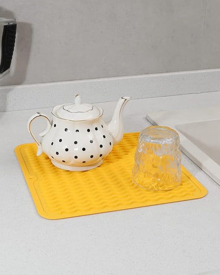 Silicone Dish Drying Mat for Multiple Usage,Easy clean,Eco-friendly,Heat-resistant Silicone Mat for Kitchen Counter or Sink,Refrigerator or Drawer liner Yellow M 12 inches x 12 inches