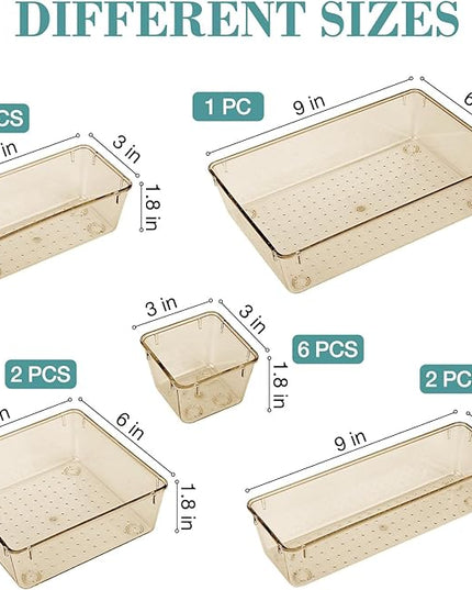 16 PCS Drawer Organizer Set, 5 Varied Size Bathroom and kitchen Drawer cabinet organizer Trays, Clear Storage Bins for Makeup, Jewelry, Utensils and Gadgets, Champagne