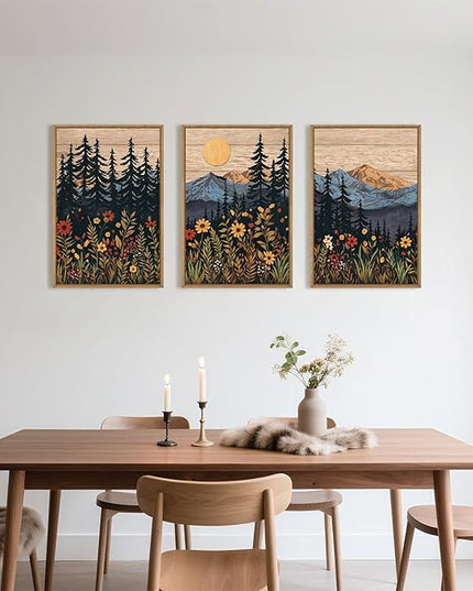 Houria Mid Century Woodland Mountain Framed Canvas Wall Art Set,Vintage Natural Sunset Wildflower Forest Field Decor,Wilderness Boho Floral Pine Tree Landscape Artwork for Living Room,Office-24"x36"x3