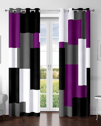 Purple 100% Blackout Curtains for Bedroom 72 inch Length 2 Panels Set Grey Modern Abstract Geometric Black Out Curtains Insulated Room Darkening Window Drapes for Living Room, 52Wx72L