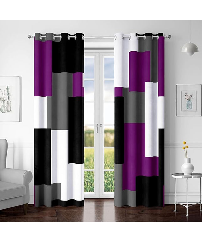 Purple 100% Blackout Curtains for Bedroom 72 inch Length 2 Panels Set Grey Modern Abstract Geometric Black Out Curtains Insulated Room Darkening Window Drapes for Living Room, 52Wx72L