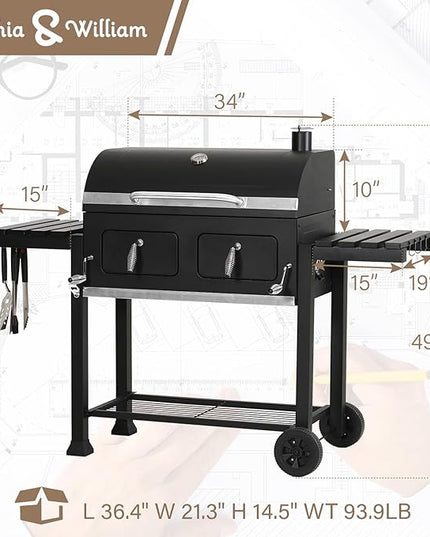 Sophia & William Extra Large Charcoal BBQ Grills with 794 SQ.IN. Cooking Area, Heavy Duty Outdoor Barbecue Grill with 2 Individual Lifting Charcoal Tray and 2 Foldable Side Table, Black