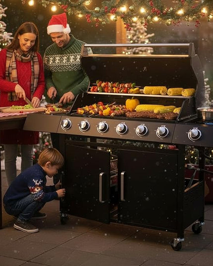 Q032-6-Burner w/Side Burner Gas Grill with 403 SQ.IN. Outdoor Grill with 60,000 BTU,Propane Grills with Top Cover Lid,Grills Outdoor Cooking for Patios,Balcony,Camping,Garden