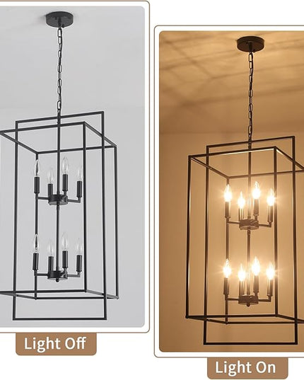 Black Farmhouse Chandelier, Extra Large Tiered Lantern Pendant Light 15.75" Entryway Light Fixture, Industrial Staircase Chandelier for Foyer Entryway Hallway, Lacquered Black(8 Lights)