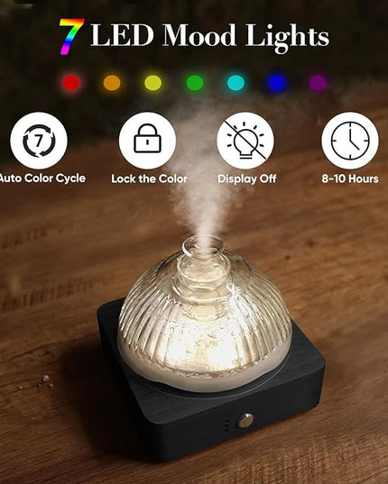 Glass Dome Essential Oil Diffuser with Glass Reservoir & Wood Base-Plastic Free, 200ml Ultrasonic Diffuser for Aromatherapy with Timer 7 Color Light Auto-Off for Home Office Yoga Dark Brown
